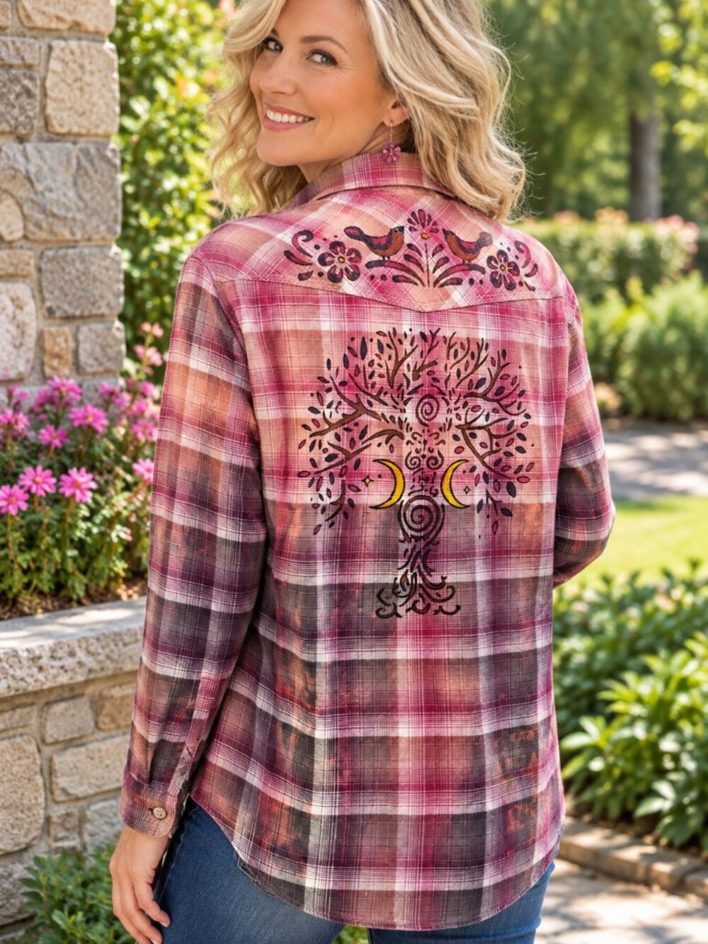 Upcycled Hand Painted Tree Western Shirt - Bleached Magenta Purple XL